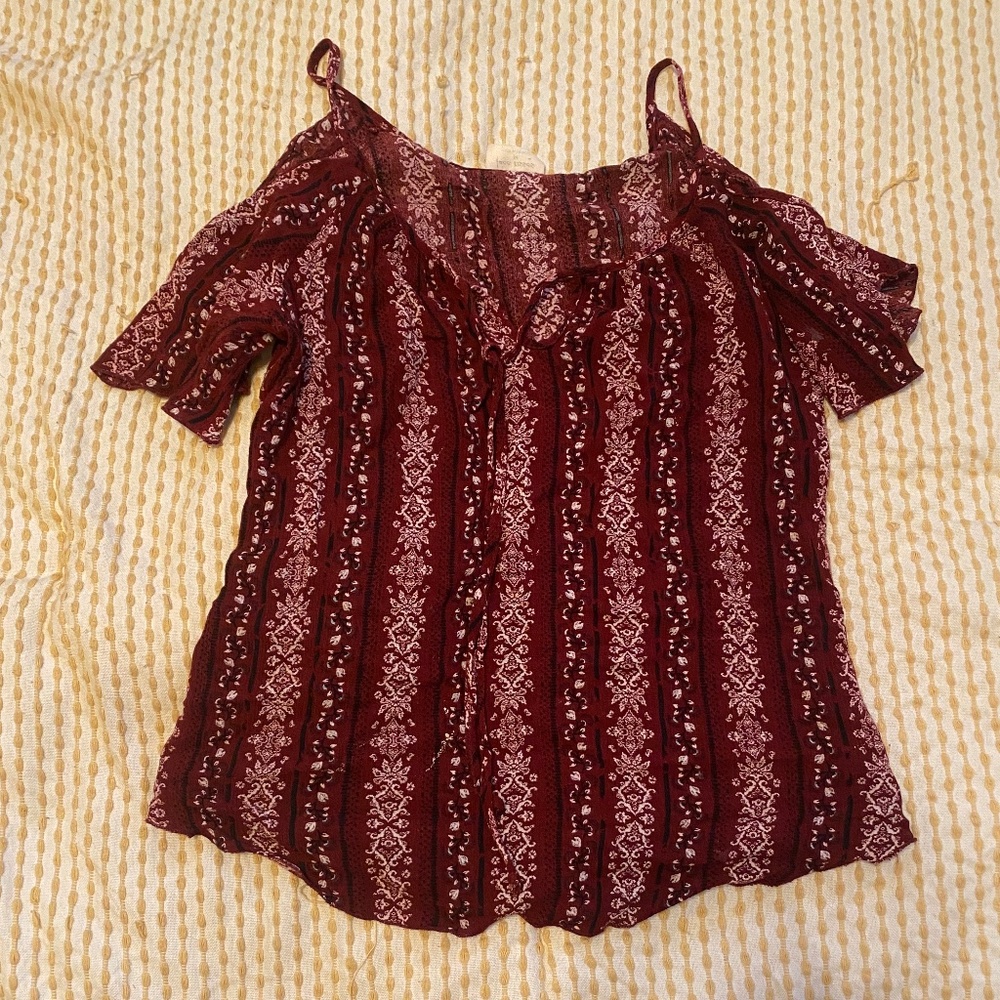 Burgundy cold shoulder top size Medium with paisley  print